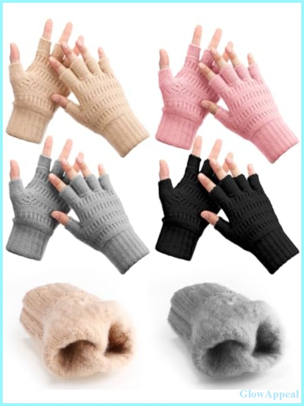 4 Pairs Fleece Lined Half Finger Gloves Winter Warm Thick Knitted Stretch
